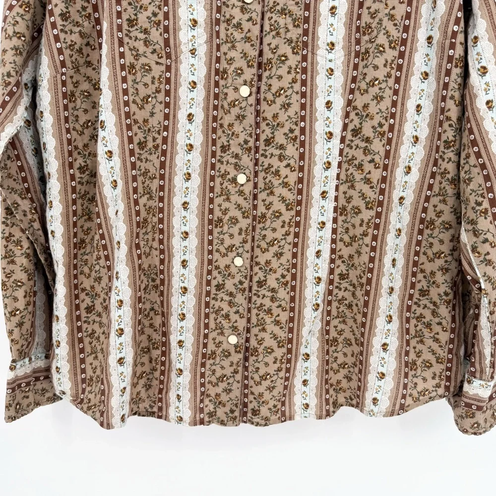 Vintage VIEW Cottagecore Floral Grannycore Snap Button Down Top Brown XL - Picture 5 of 10